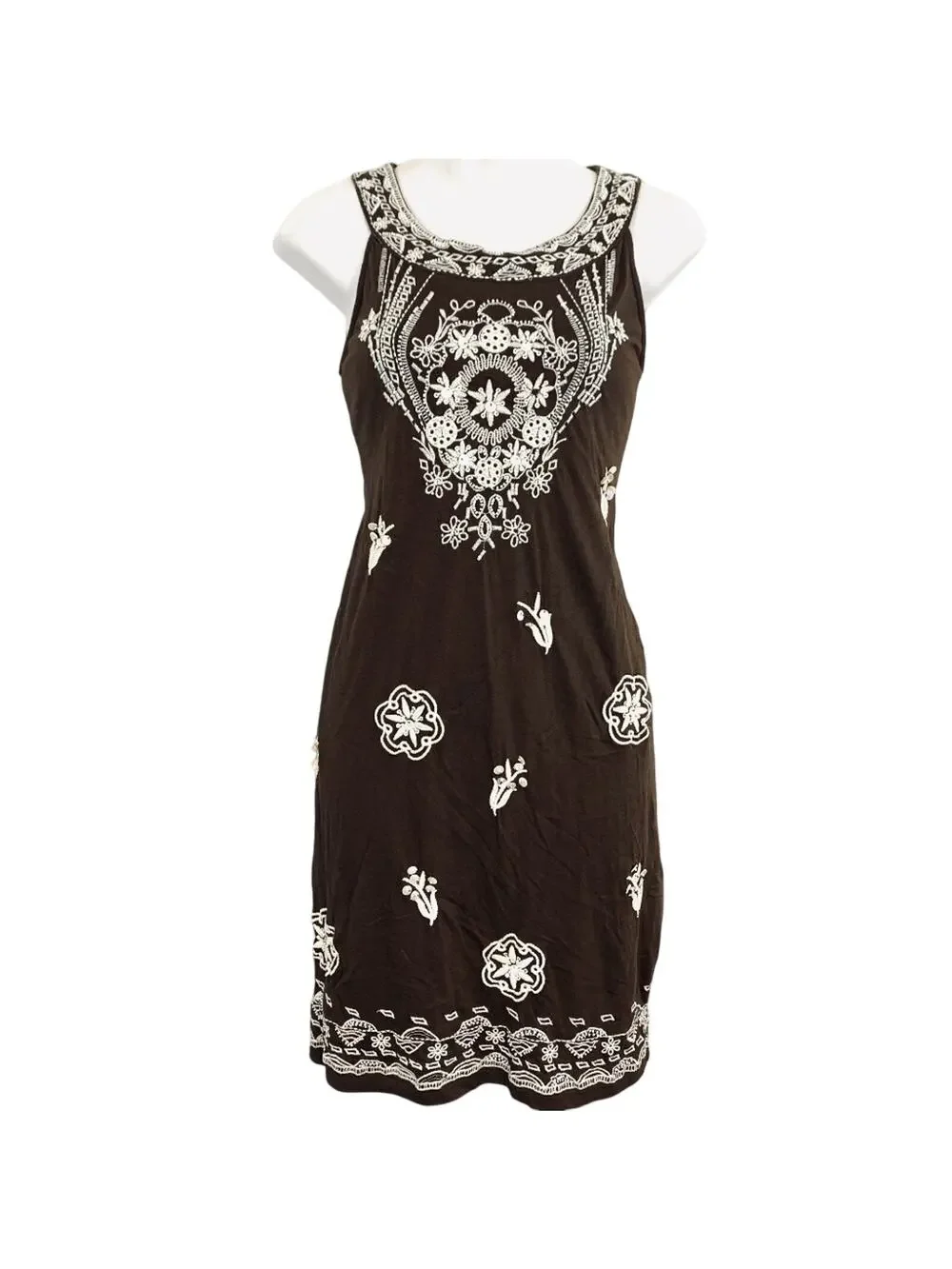Charter Club Petite Womens Brown Beaded Embroidered Sleeveless Dress PP XS
